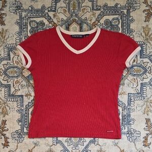 Vintage Aeropostale Women's Red V-Neck Top